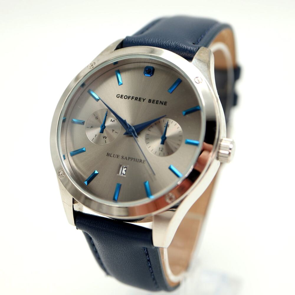 Geoffery Beene Blue Sapphire Mens 52mm Watch Gray Date Pleather w New Battery